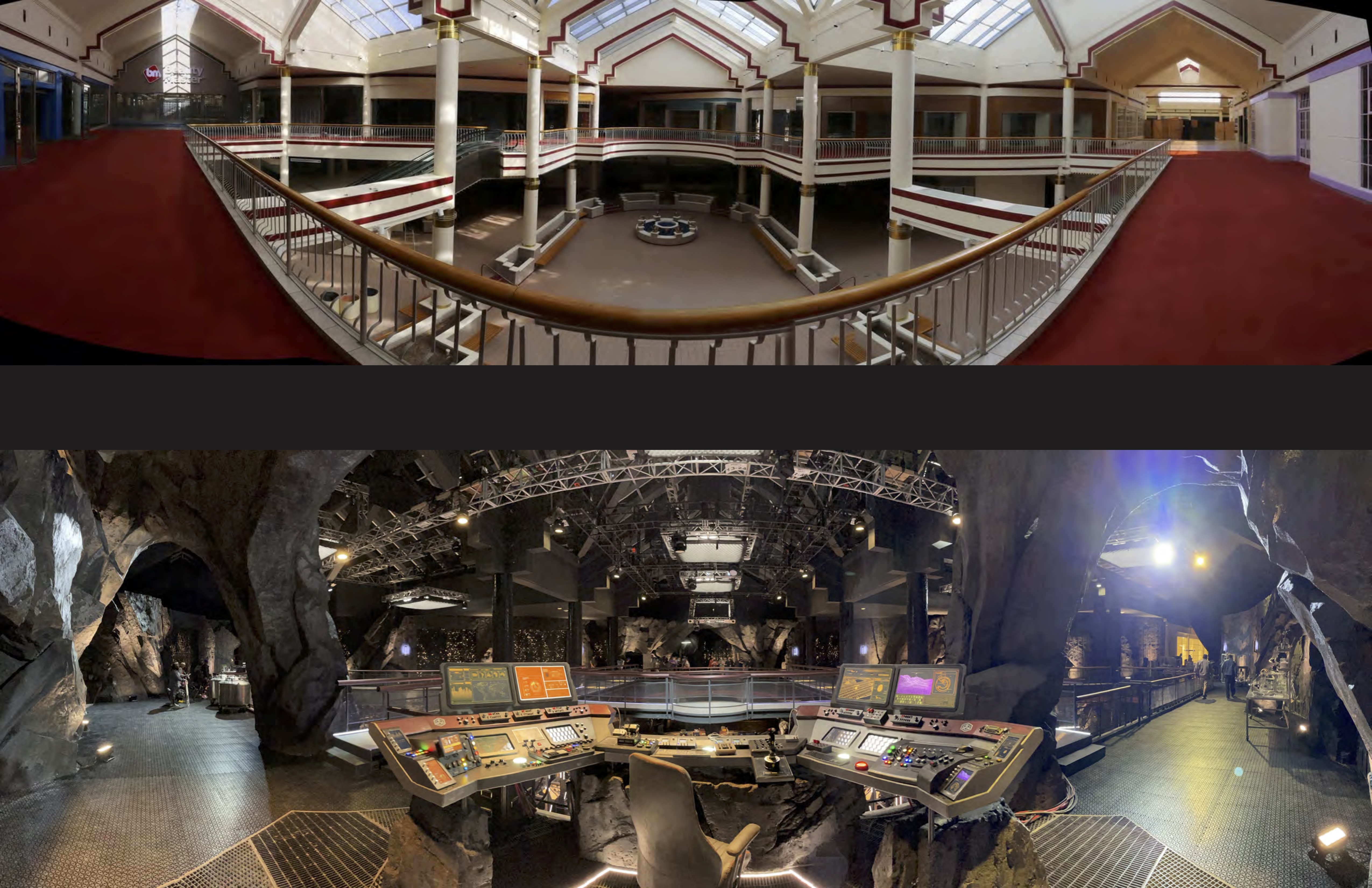 The dramatic transformation from empty mall space to fully realized superhero headquarters